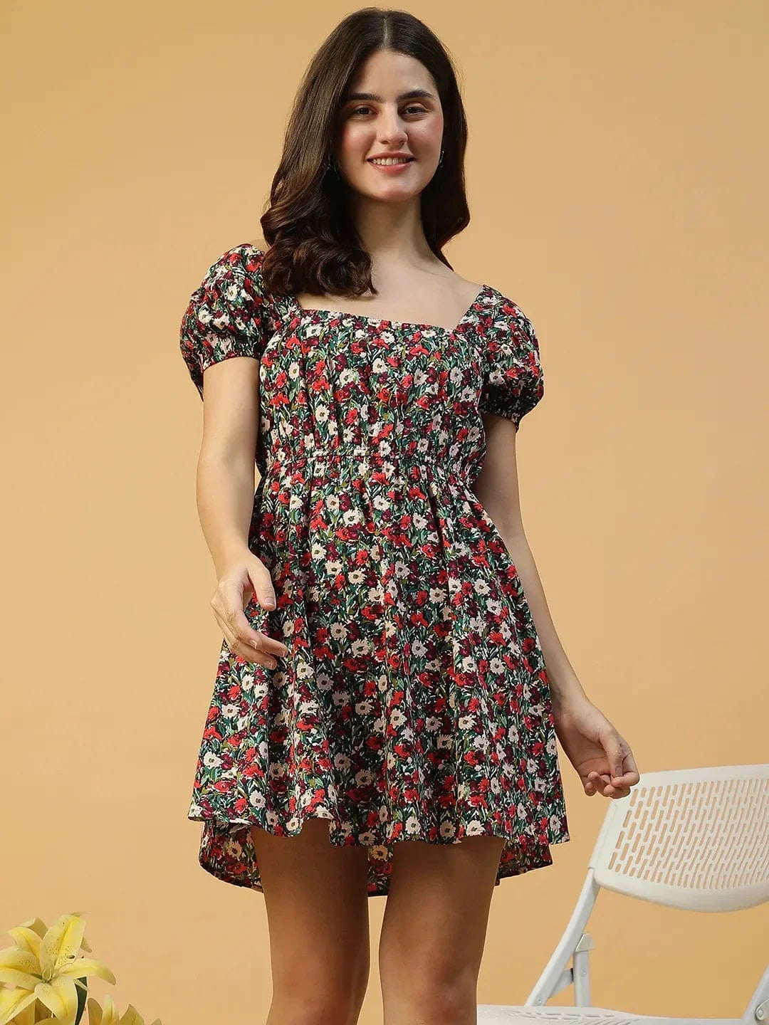 Multicolor Floral Print Short Sleeve Elasticated Women midi dress - oxolloxo