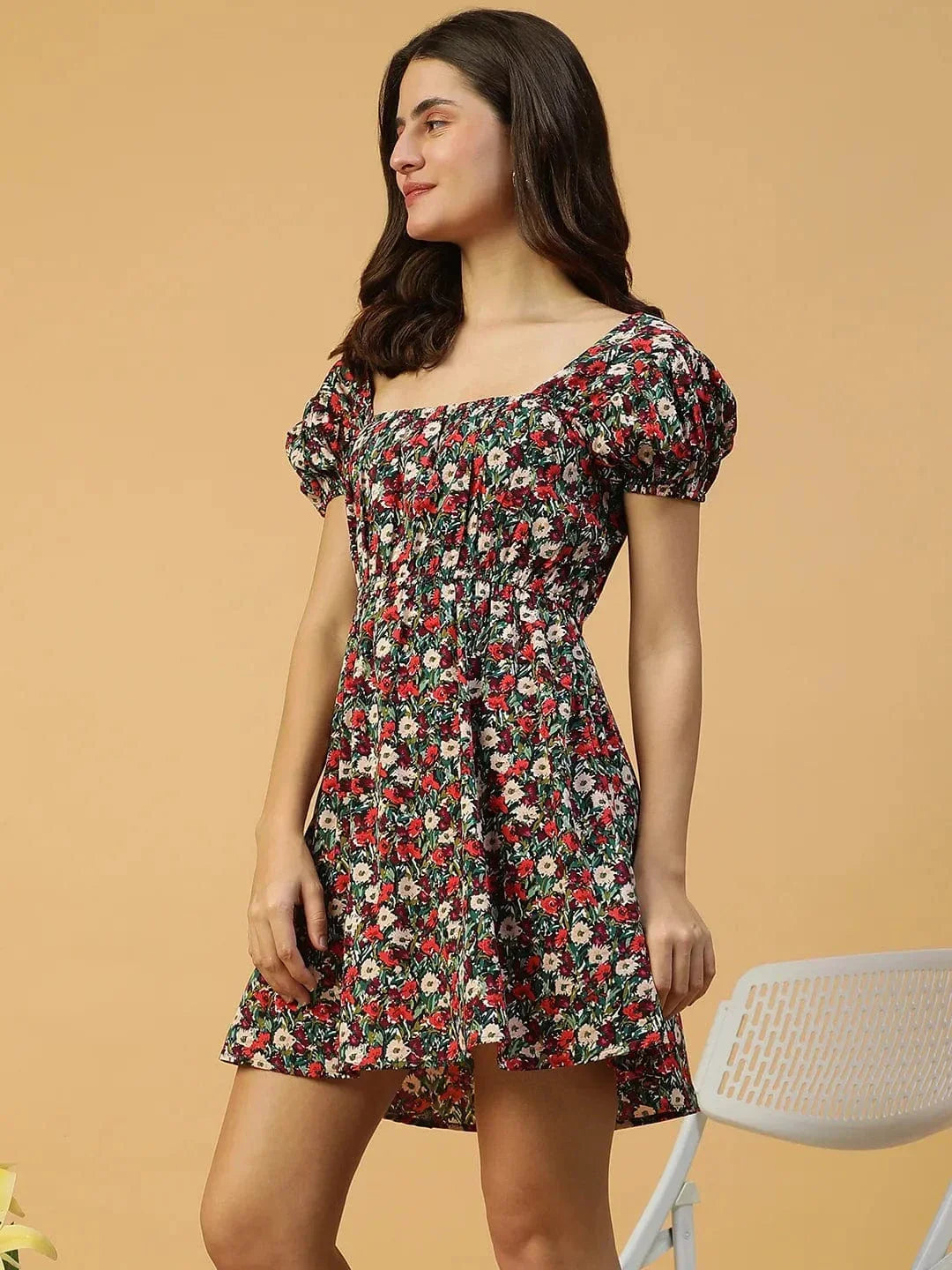 Multicolor Floral Print Short Sleeve Elasticated Women midi dress - oxolloxo