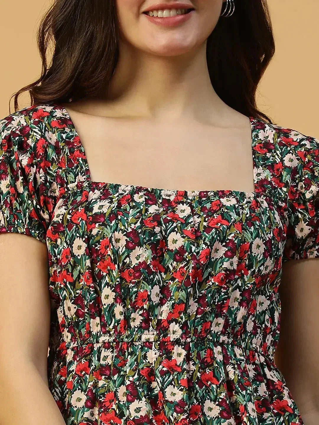 Multicolor Floral Print Short Sleeve Elasticated Women midi dress - oxolloxo