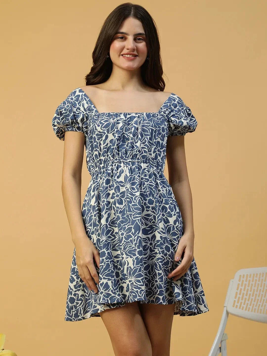 Core Navy Blue Floral Print Short Sleeve Elasticated Women midi dress - oxolloxo