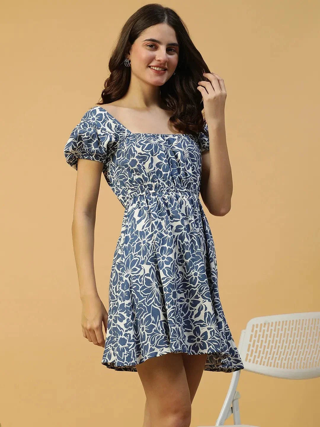 Core Navy Blue Floral Print Short Sleeve Elasticated Women midi dress - oxolloxo