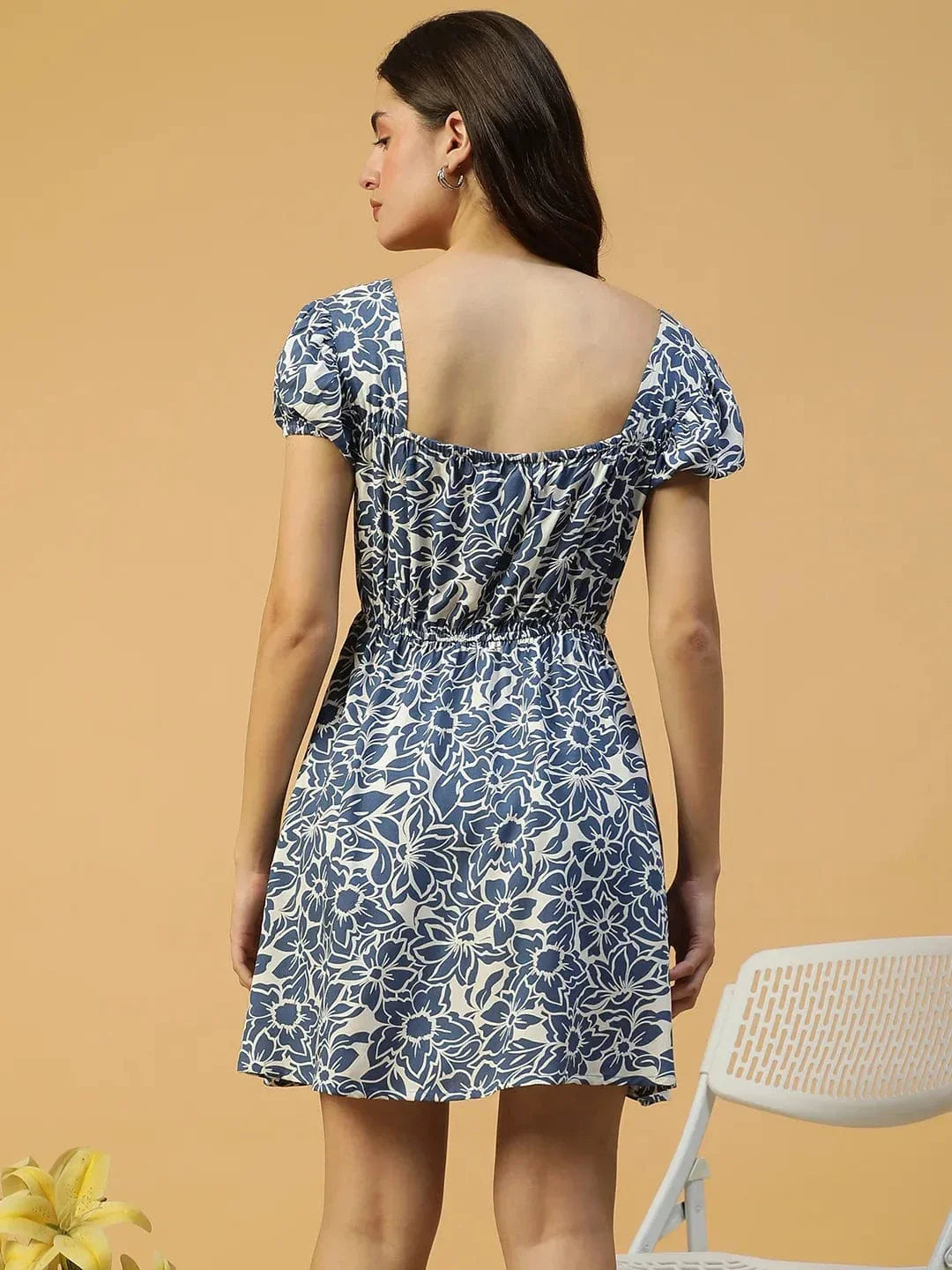 Core Navy Blue Floral Print Short Sleeve Elasticated Women midi dress - oxolloxo