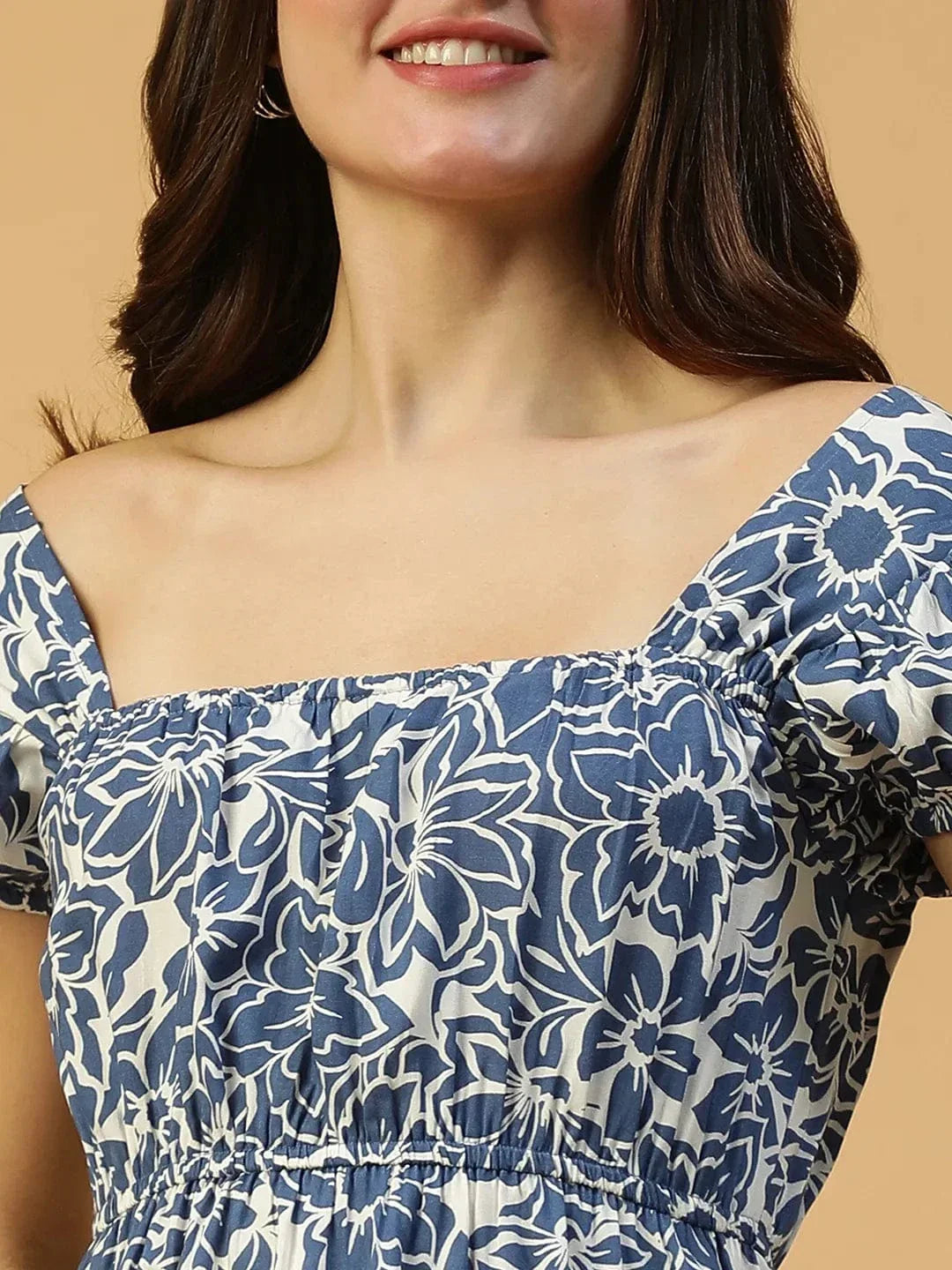 Core Navy Blue Floral Print Short Sleeve Elasticated Women midi dress - oxolloxo