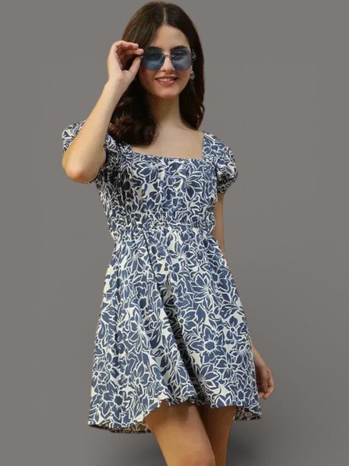 Navy Blue Floral Print Dress