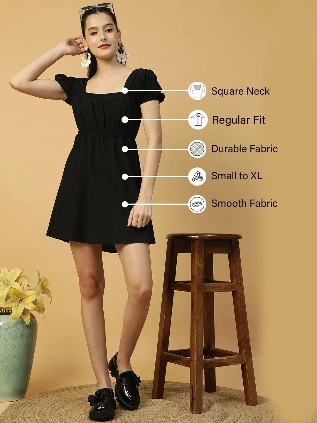 Super Black Short Sleeve Elasticated Women midi dress - oxolloxo