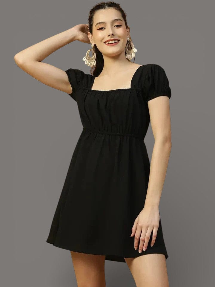 Super Black Short Sleeve Elasticated Women midi dress - oxolloxo