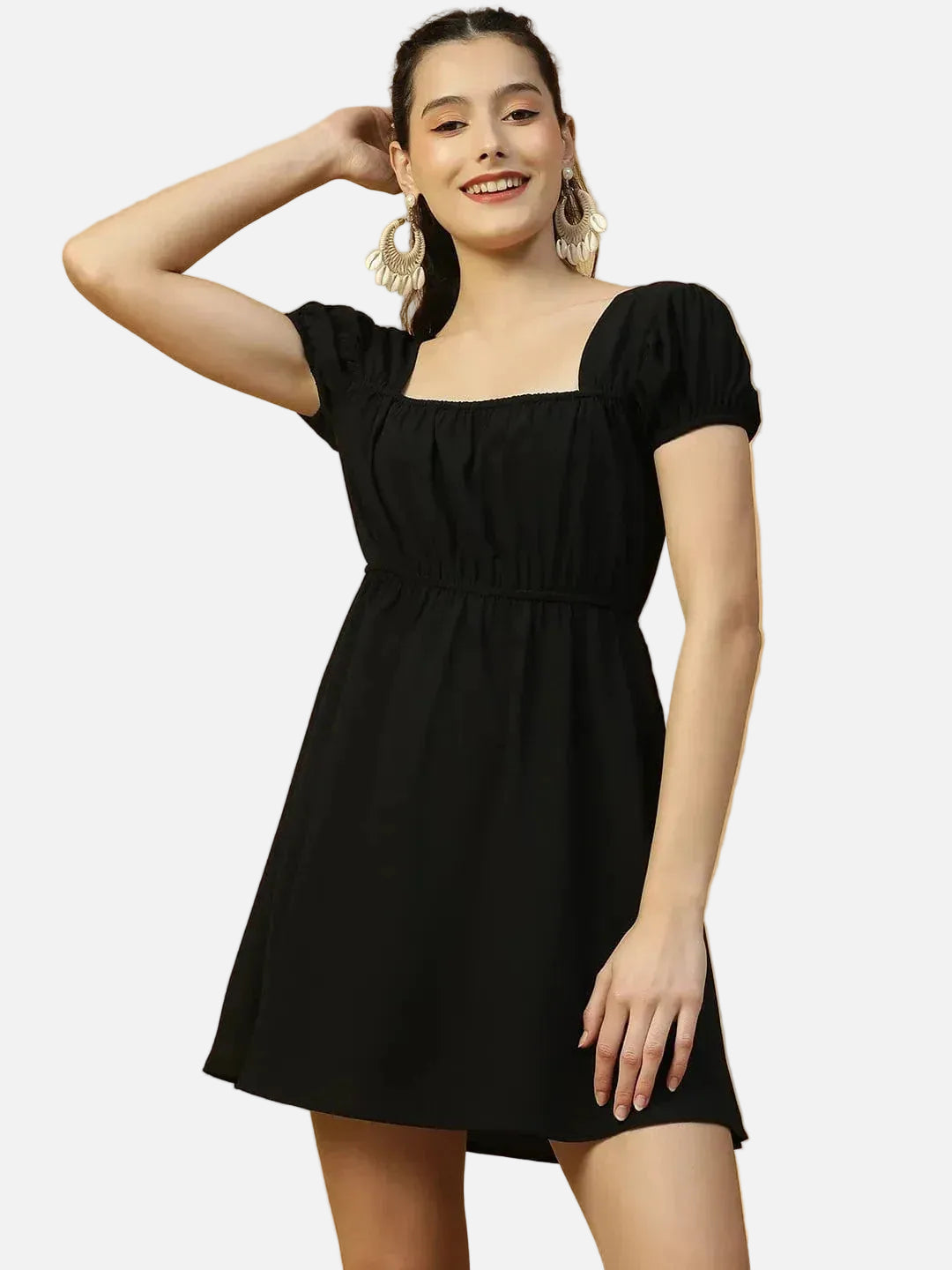 Super Black Short Sleeve Elasticated Women midi dress - oxolloxo