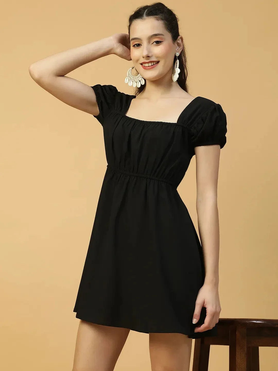Super Black Short Sleeve Elasticated Women midi dress - oxolloxo