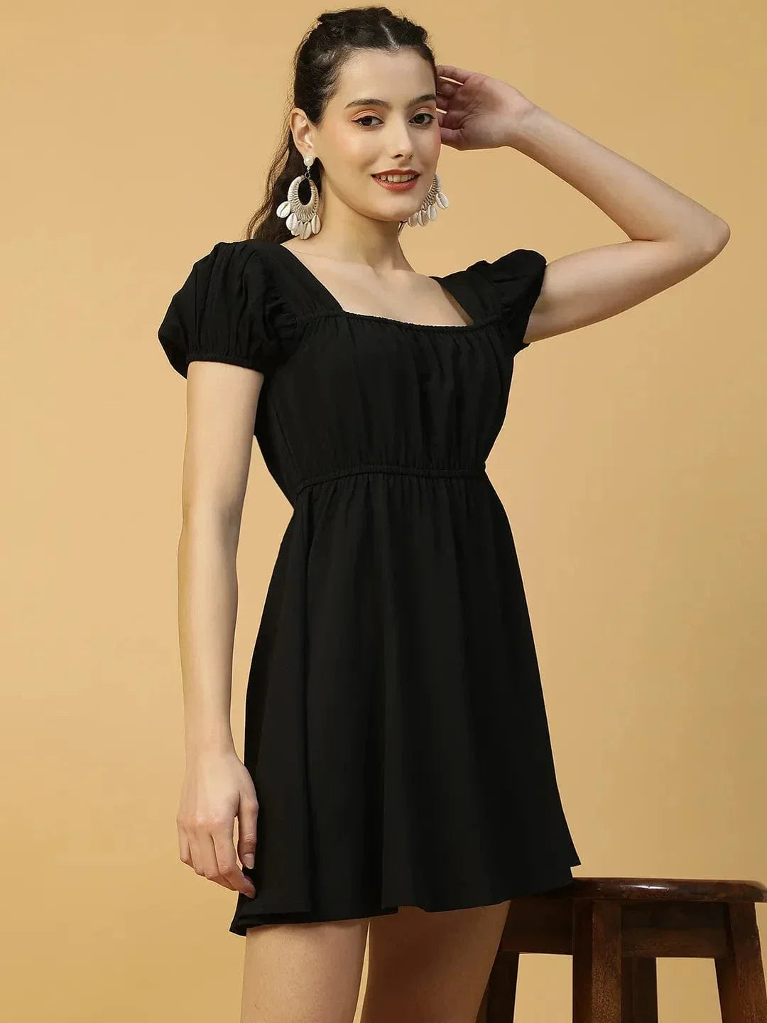 Super Black Short Sleeve Elasticated Women midi dress - oxolloxo