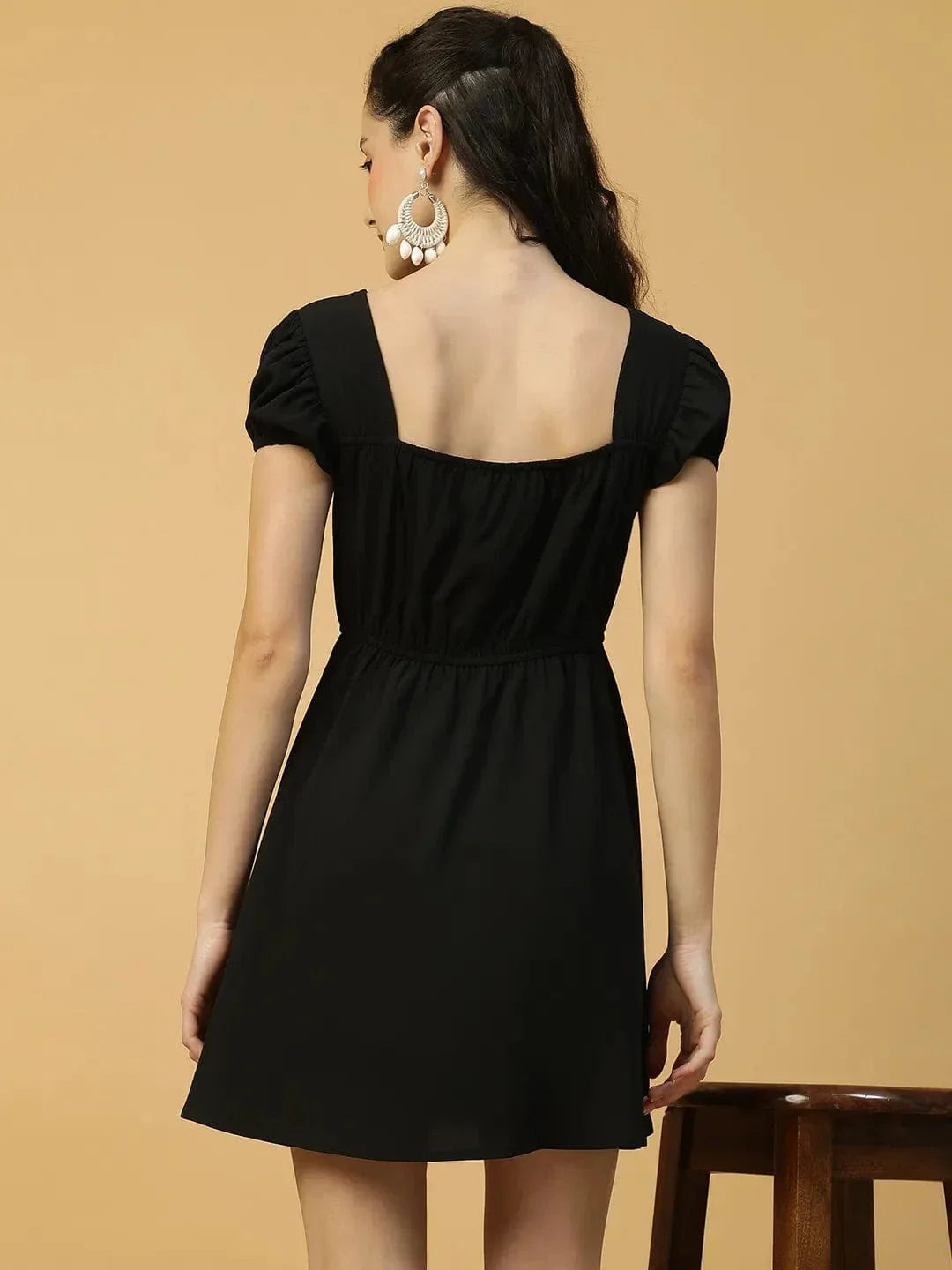 Super Black Short Sleeve Elasticated Women midi dress - oxolloxo