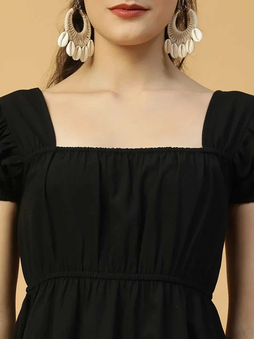 Super Black Short Sleeve Elasticated Women midi dress - oxolloxo
