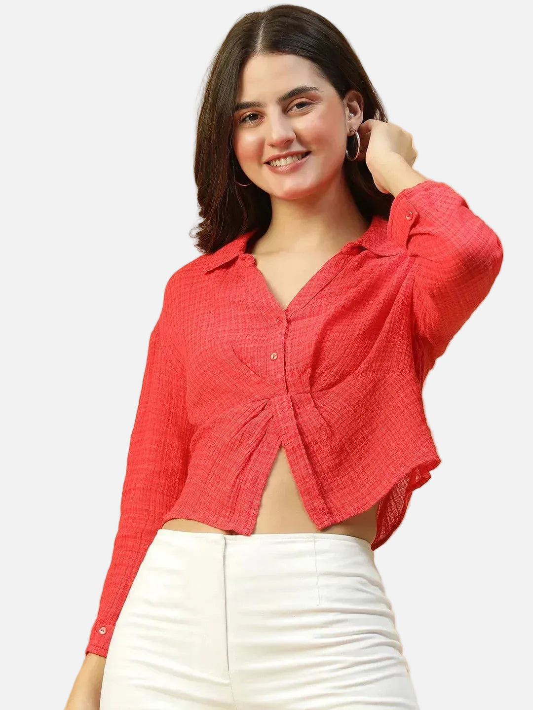 Eclectic Red Button Detailed Long Sleeve Open Collar Women Crop Cotton Shirt - oxolloxo