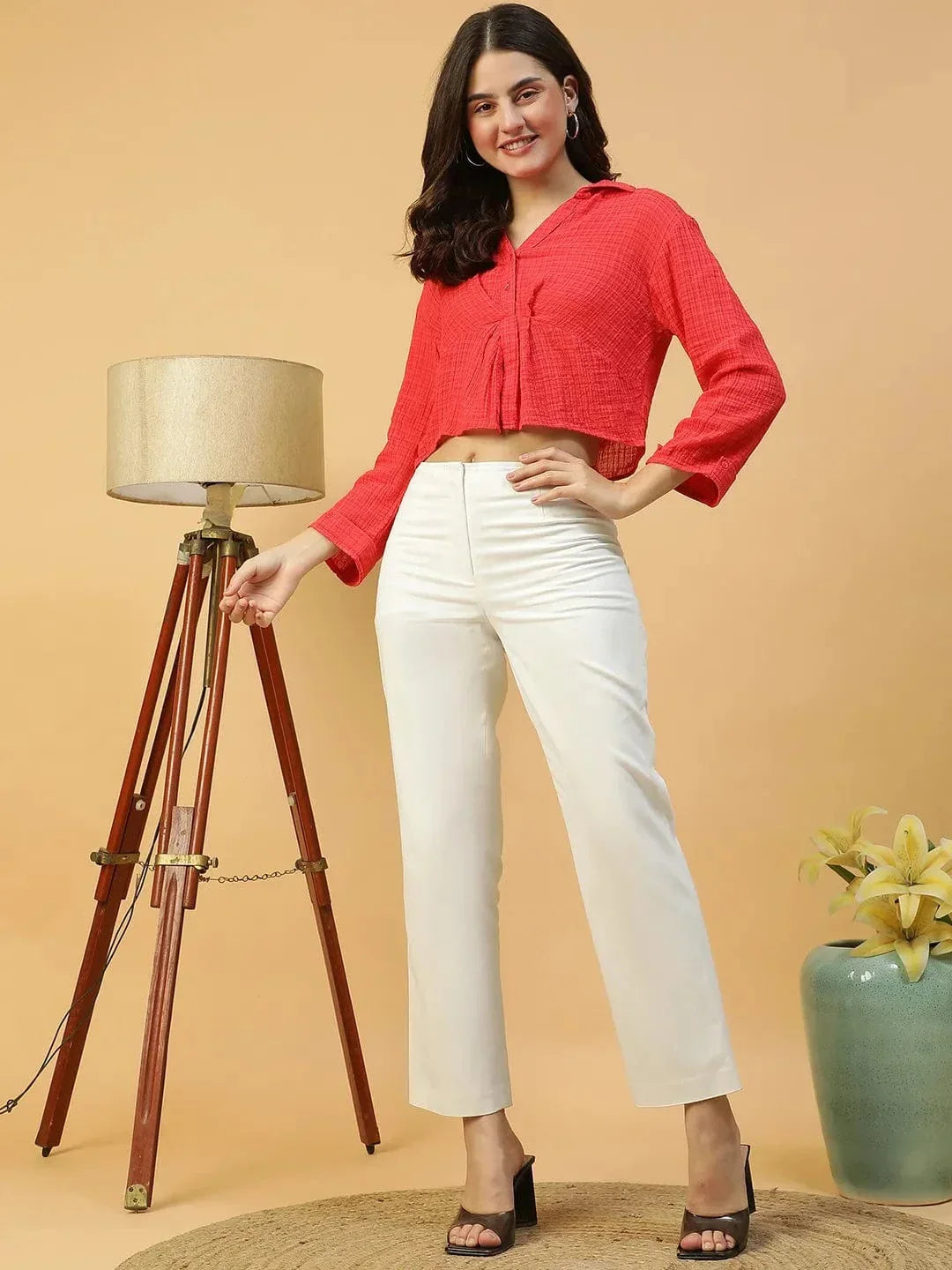 Eclectic Red Button Detailed Long Sleeve Open Collar Women Crop Cotton Shirt - oxolloxo