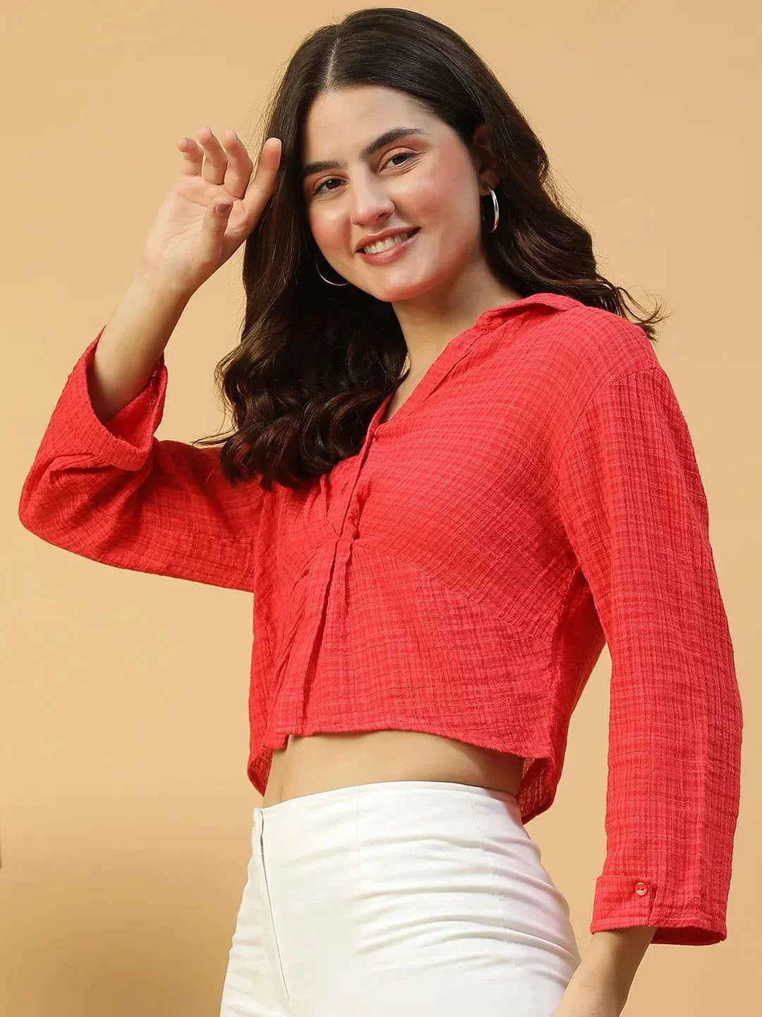 Eclectic Red Button Detailed Long Sleeve Open Collar Women Crop Cotton Shirt - oxolloxo