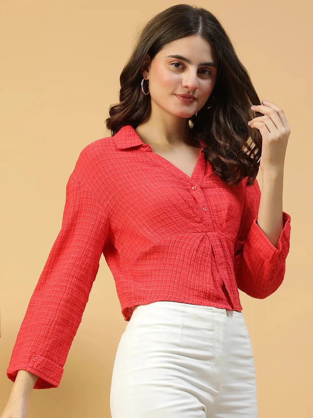 Eclectic Red Button Detailed Long Sleeve Open Collar Women Crop Cotton Shirt - oxolloxo