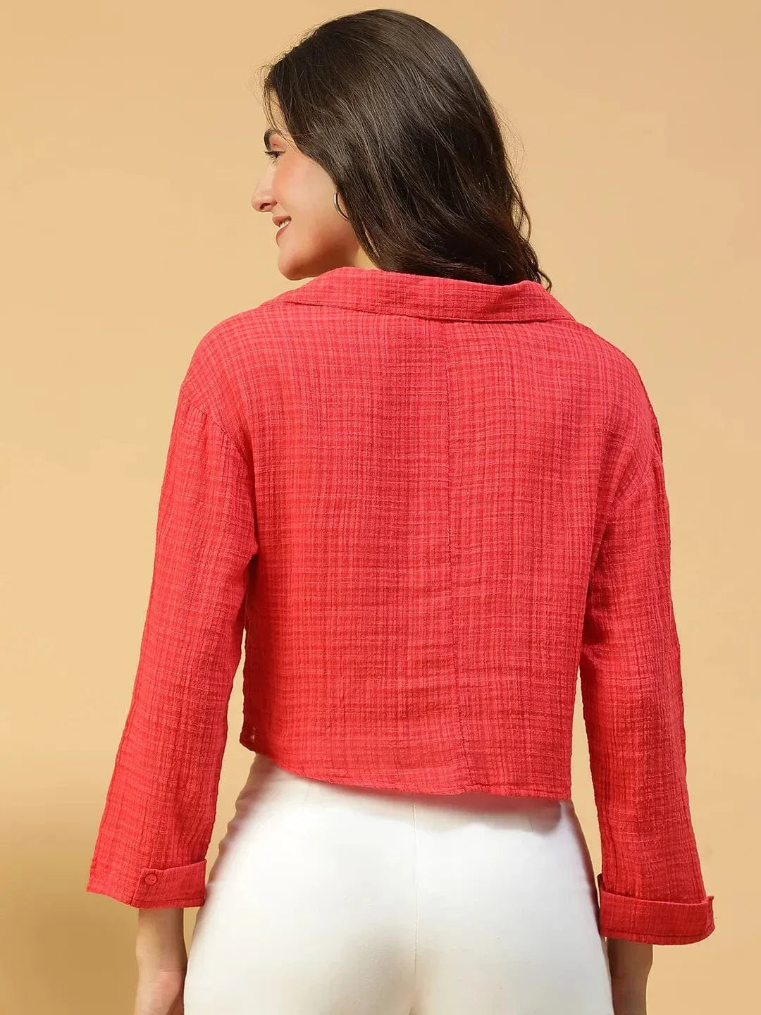 Eclectic Red Button Detailed Long Sleeve Open Collar Women Crop Cotton Shirt - oxolloxo