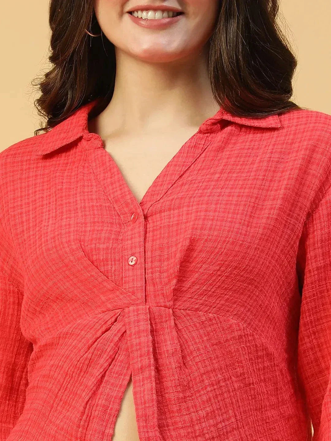 Eclectic Red Button Detailed Long Sleeve Open Collar Women Crop Cotton Shirt - oxolloxo