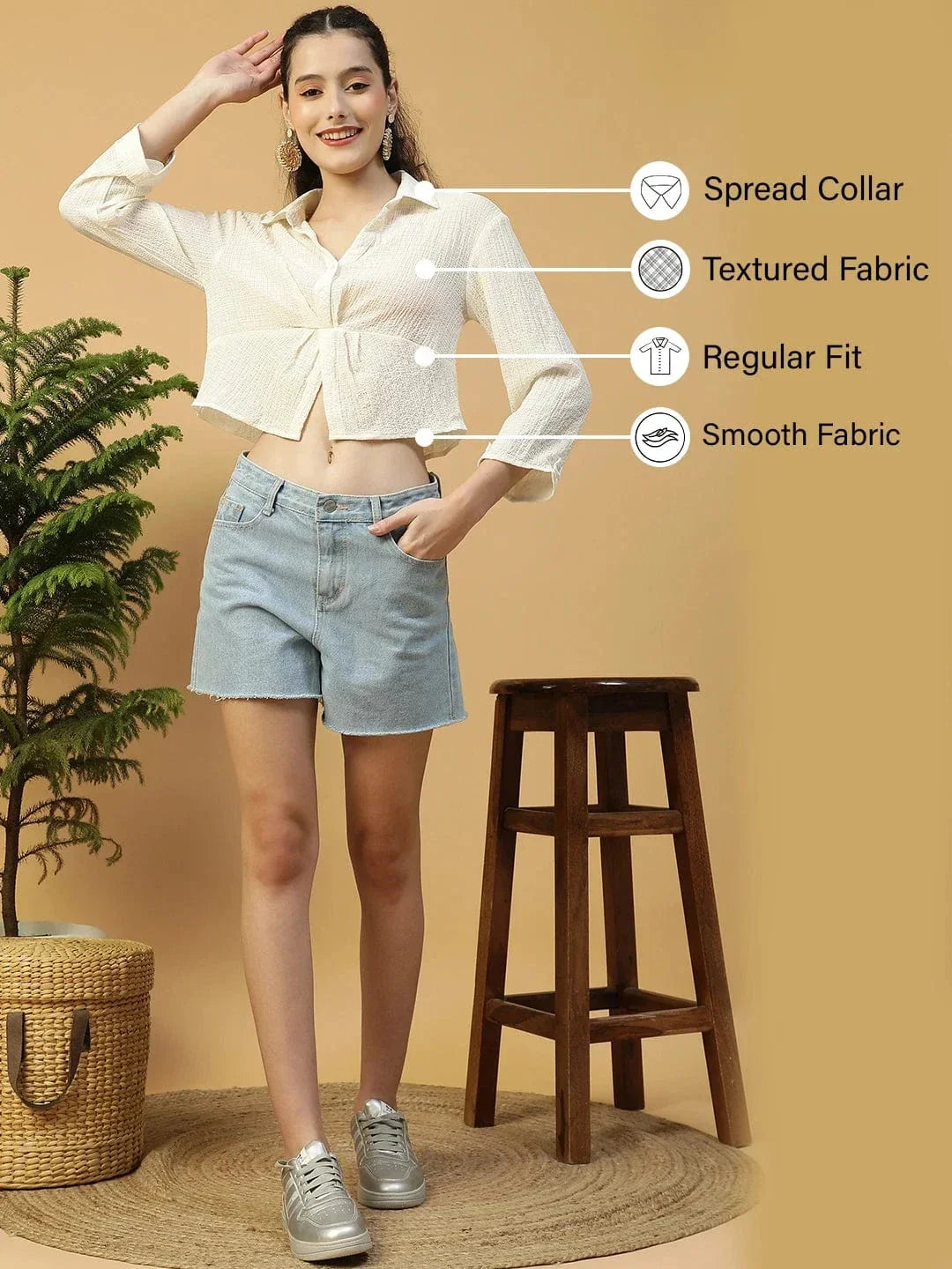 Off-White Long Sleeve Open Collar Women Crop Shirt - oxolloxo