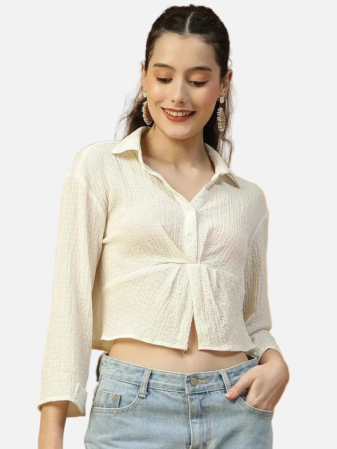 Off-White Long Sleeve Open Collar Women Crop Shirt - oxolloxo