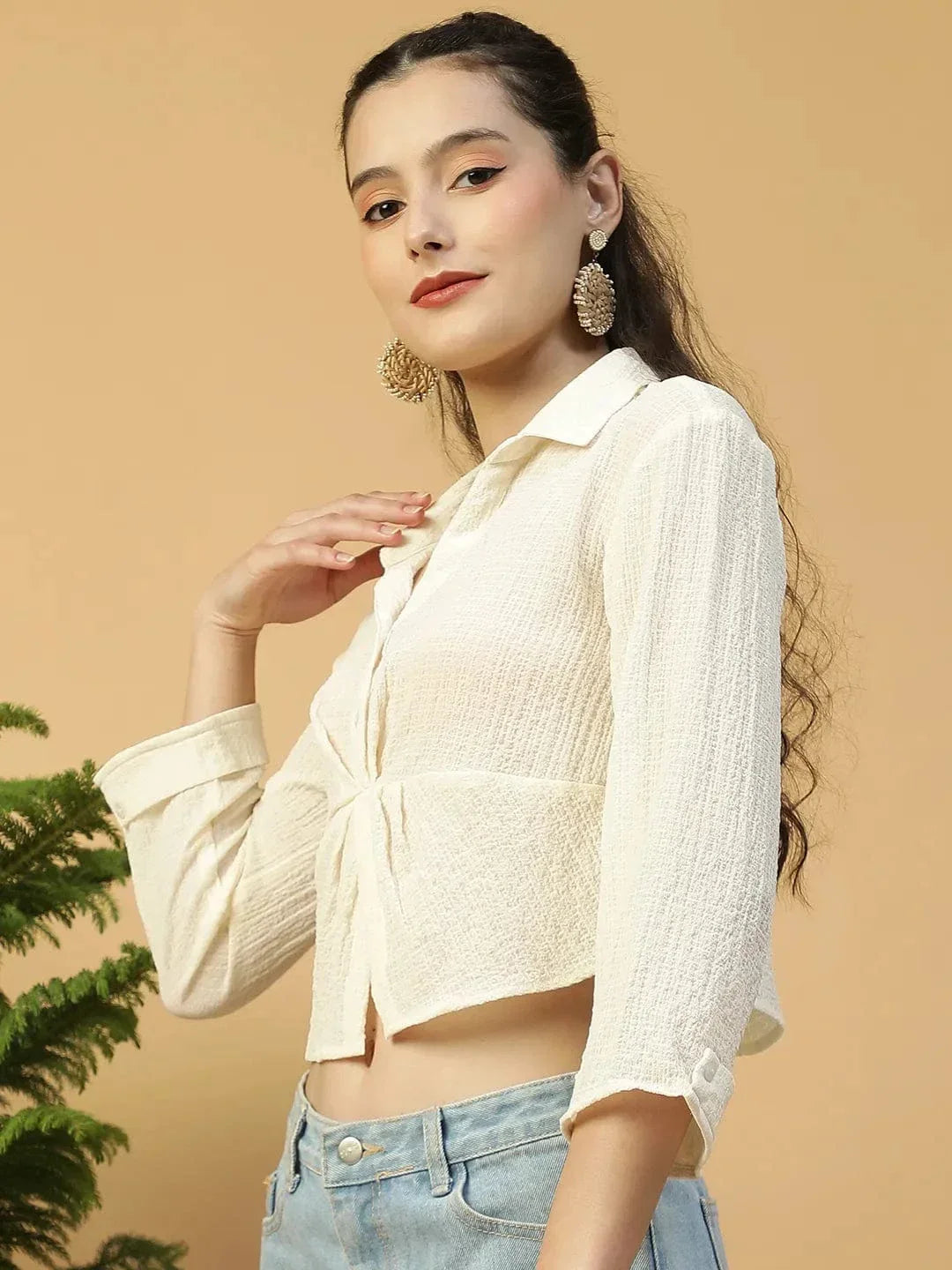 Off-White Long Sleeve Open Collar Women Crop Shirt - oxolloxo