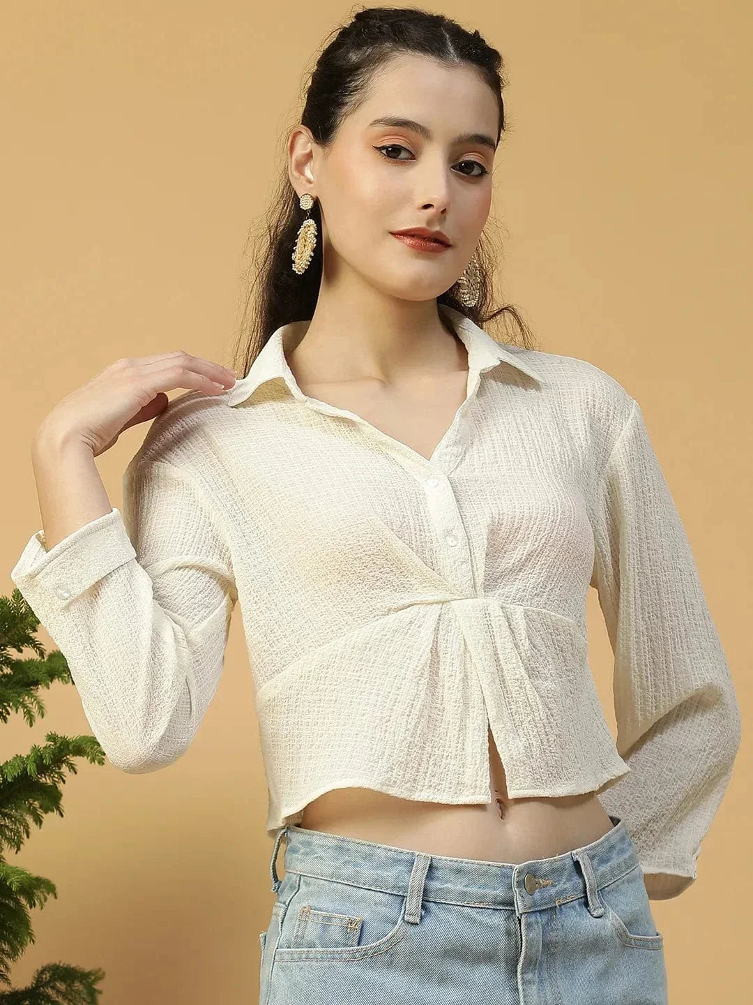 Off-White Long Sleeve Open Collar Women Crop Shirt - oxolloxo