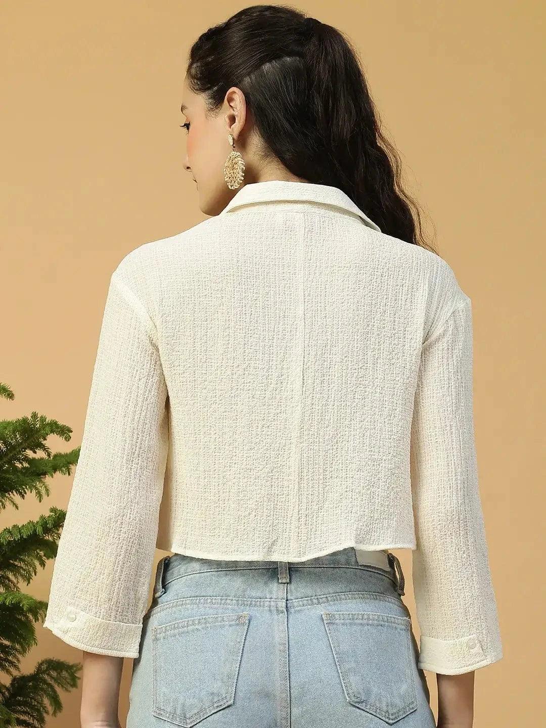 Off-White Long Sleeve Open Collar Women Crop Shirt - oxolloxo