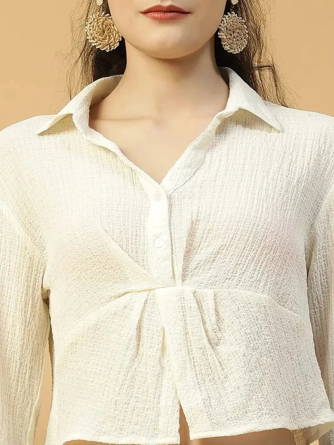 Off-White Long Sleeve Open Collar Women Crop Shirt - oxolloxo