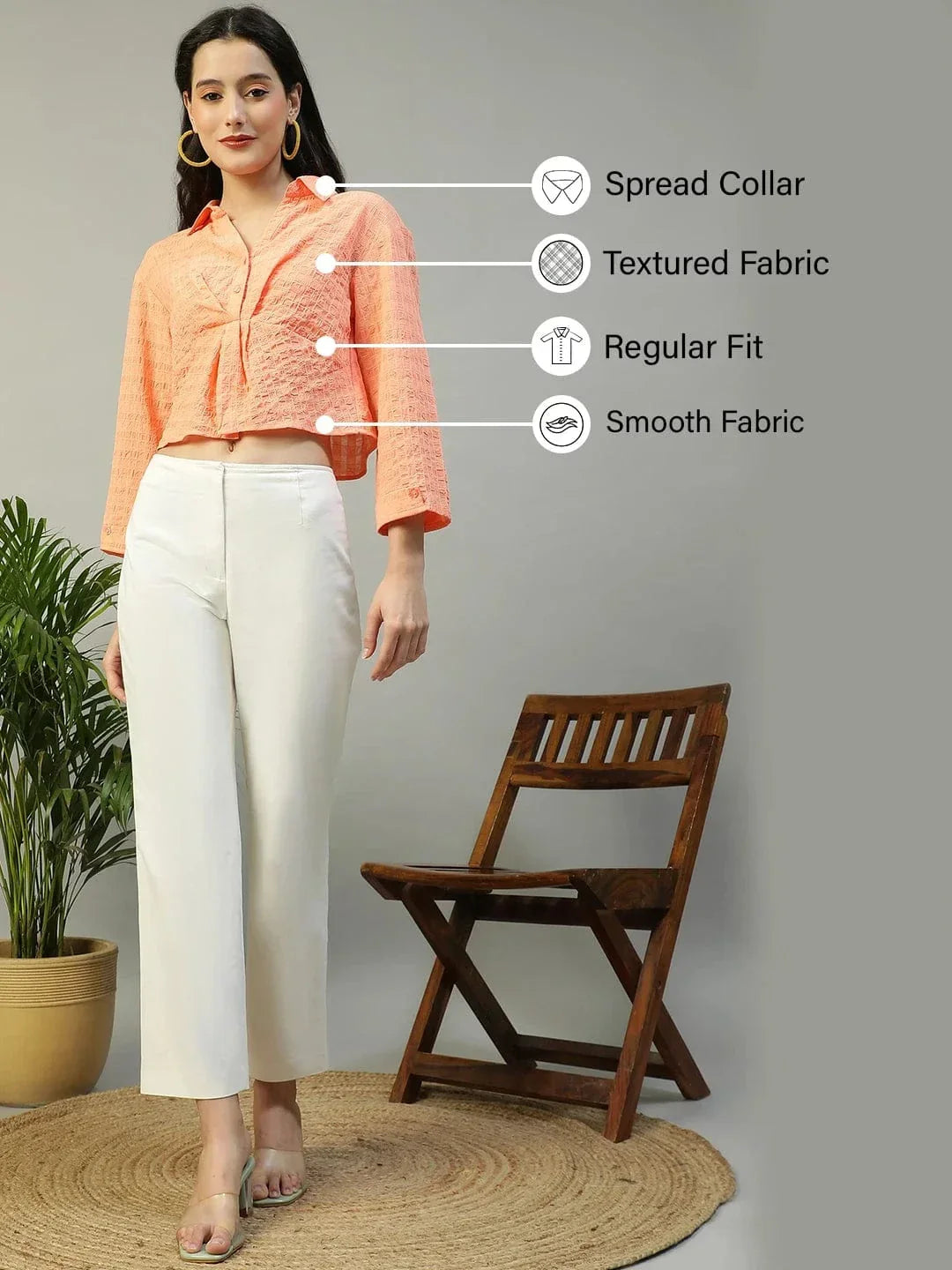 Preppy Coral Long Sleeve Open Collar Women Crop Shirt - oxolloxo