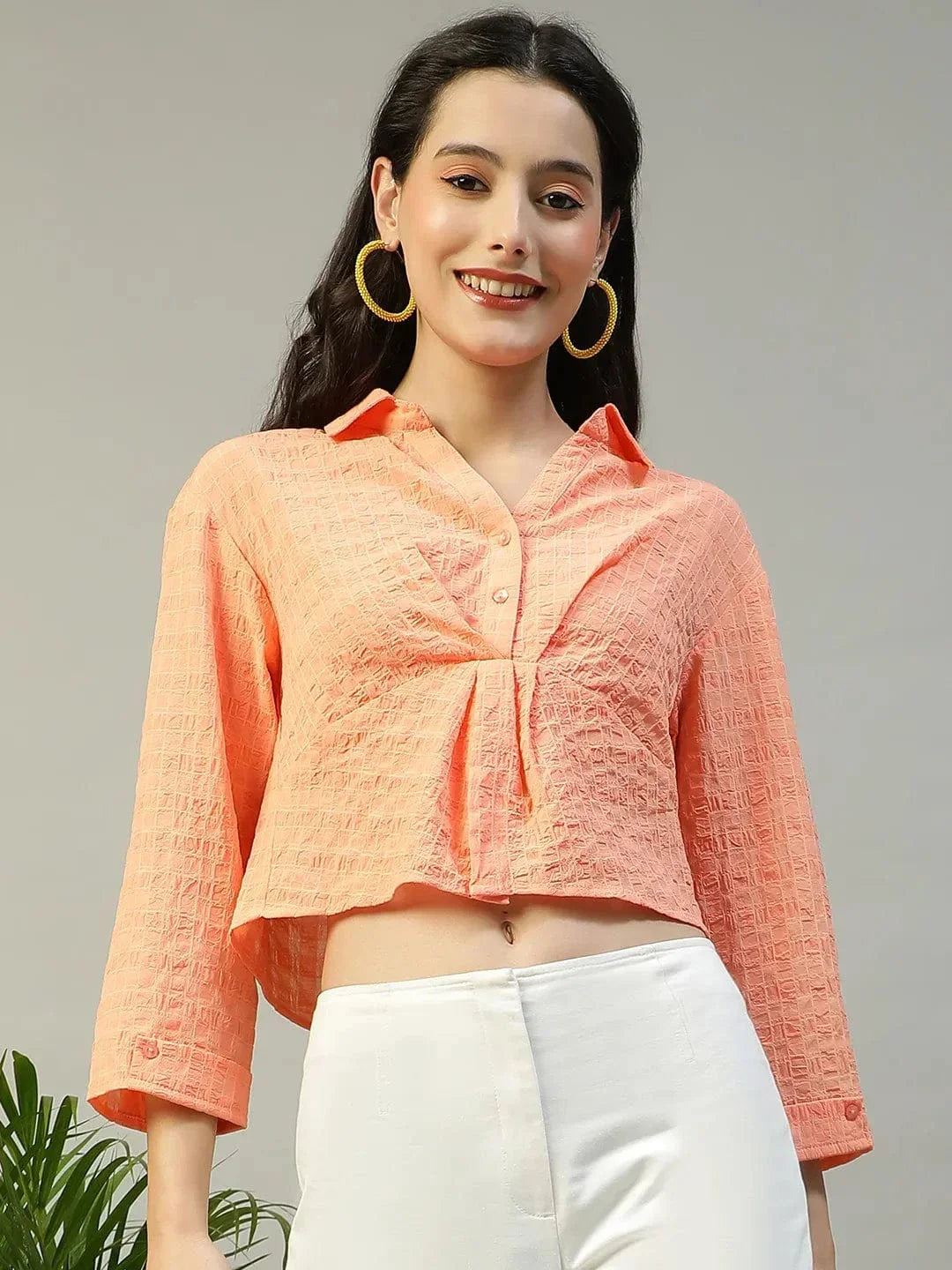 Preppy Coral Long Sleeve Open Collar Women Crop Shirt - oxolloxo