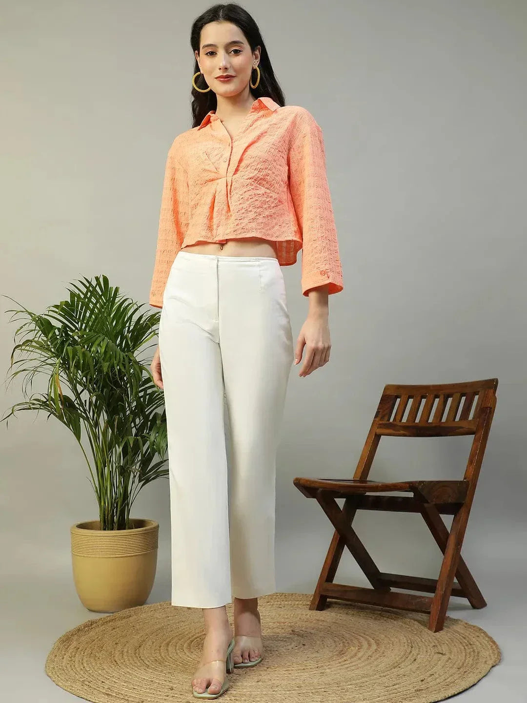 Preppy Coral Long Sleeve Open Collar Women Crop Shirt - oxolloxo
