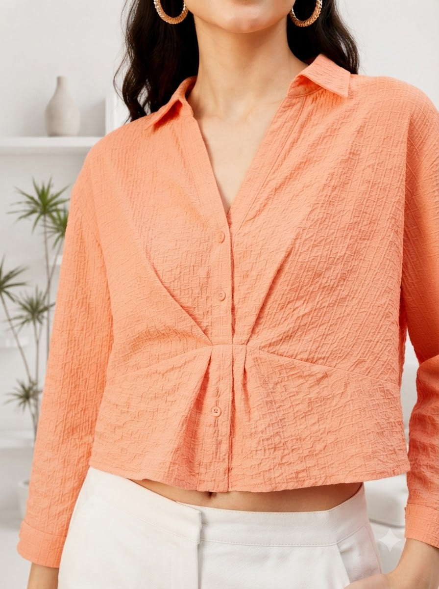 Coral button-up crop top with twist front, plus size women's fashion, stylish and trendy blouse