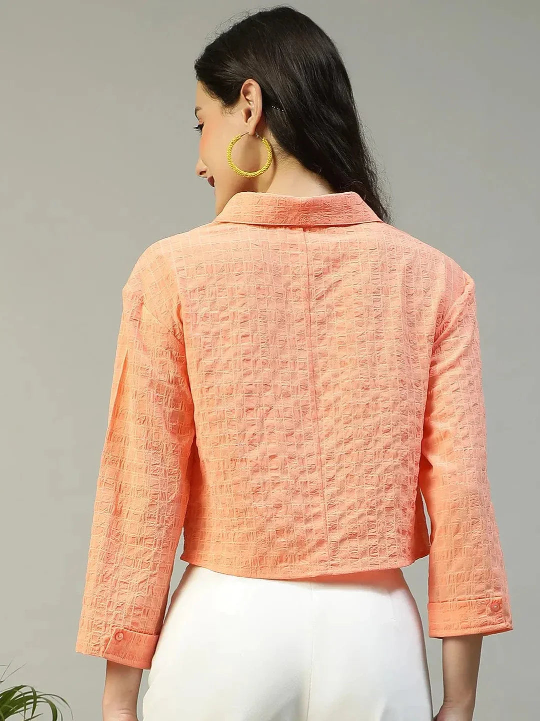 Preppy Coral Long Sleeve Open Collar Women Crop Shirt - oxolloxo