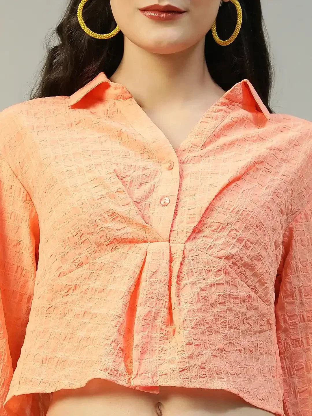 Preppy Coral Long Sleeve Open Collar Women Crop Shirt - oxolloxo