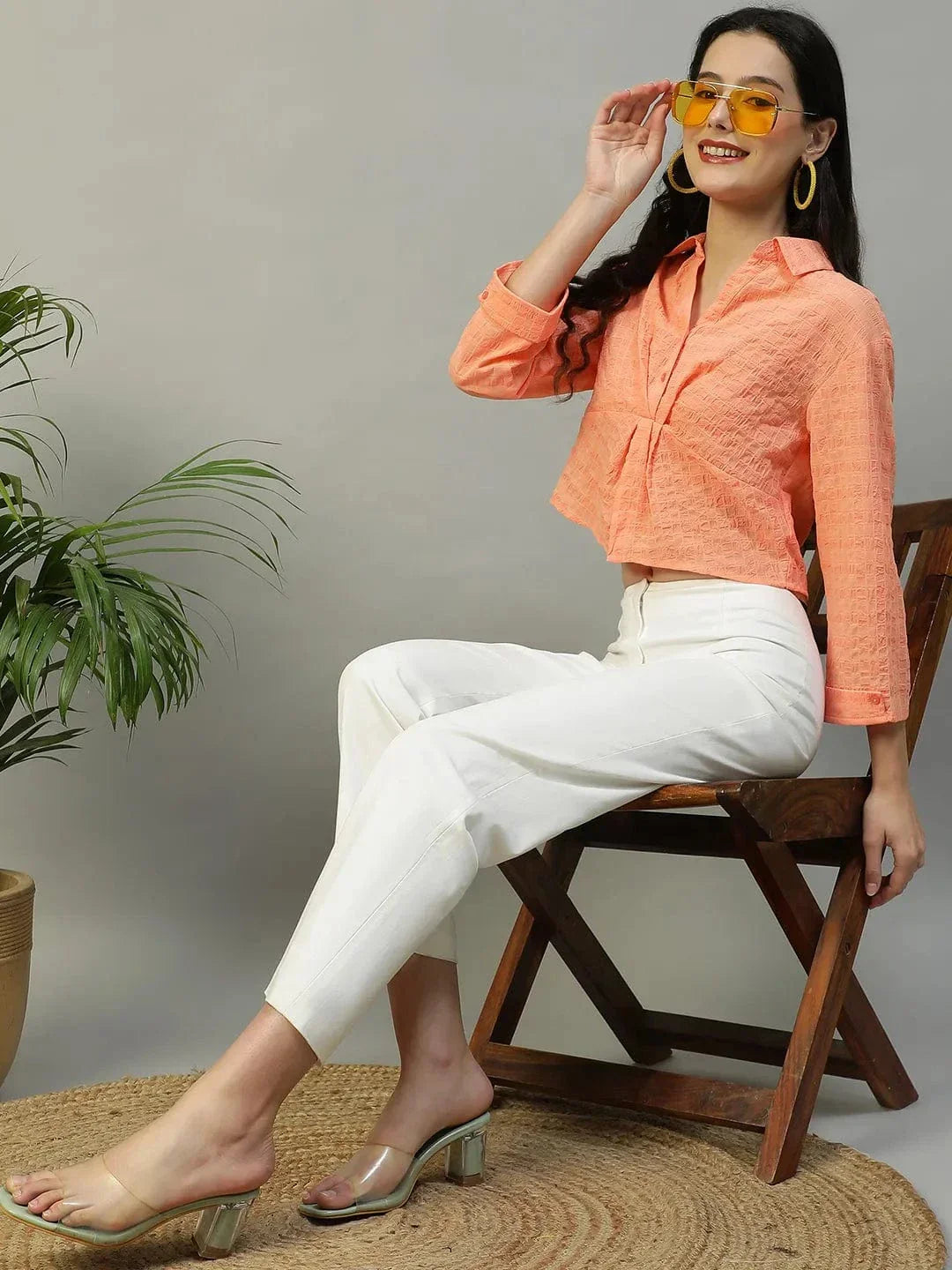 Preppy Coral Long Sleeve Open Collar Women Crop Shirt - oxolloxo