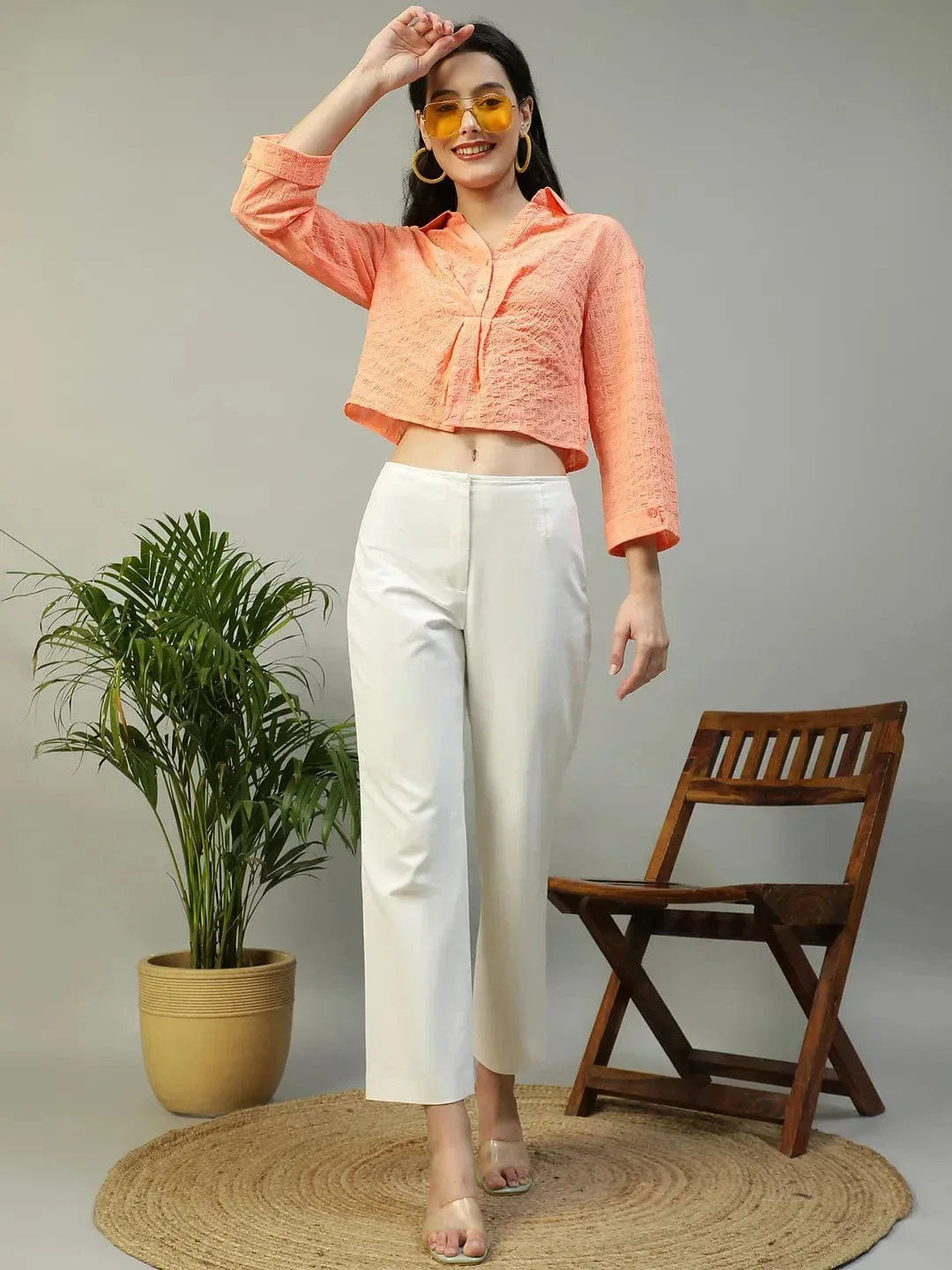 Preppy Coral Long Sleeve Open Collar Women Crop Shirt - oxolloxo