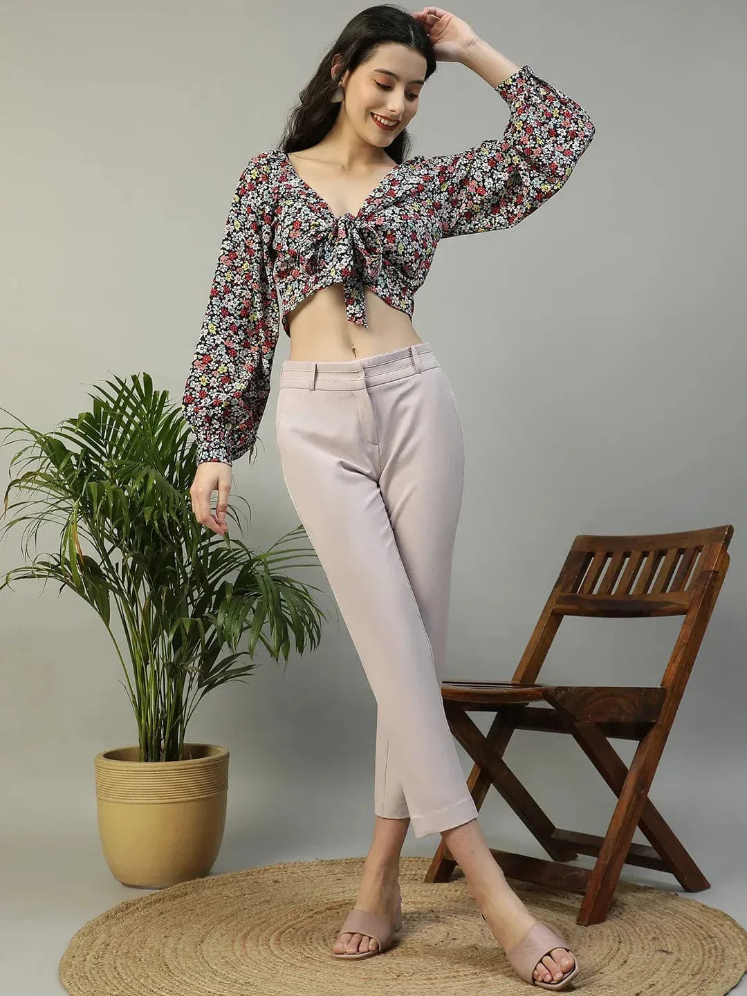 Multicolor Floral Print Tie-knotted long Sleeve Crop Women Top - oxolloxo