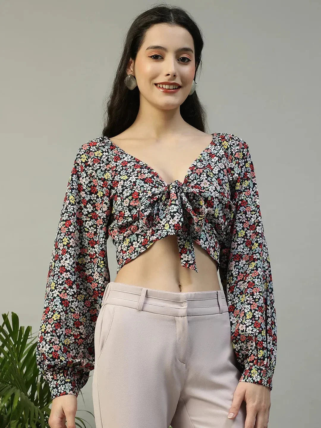 Multicolor Floral Print Tie-knotted long Sleeve Crop Women Top - oxolloxo