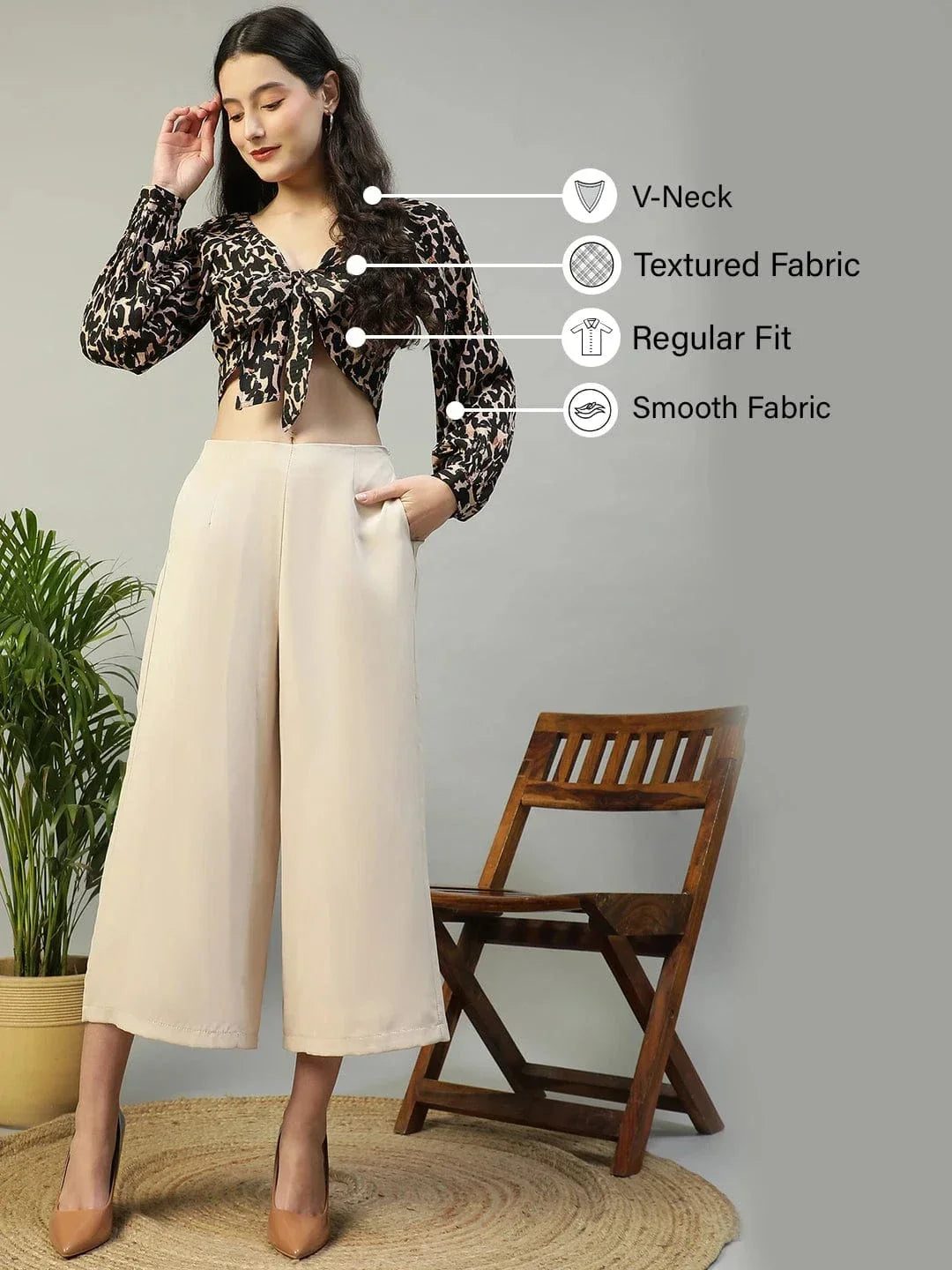 Black Animal Print V-Neck Tie-knotted long Sleeve Women Crop Top - oxolloxo