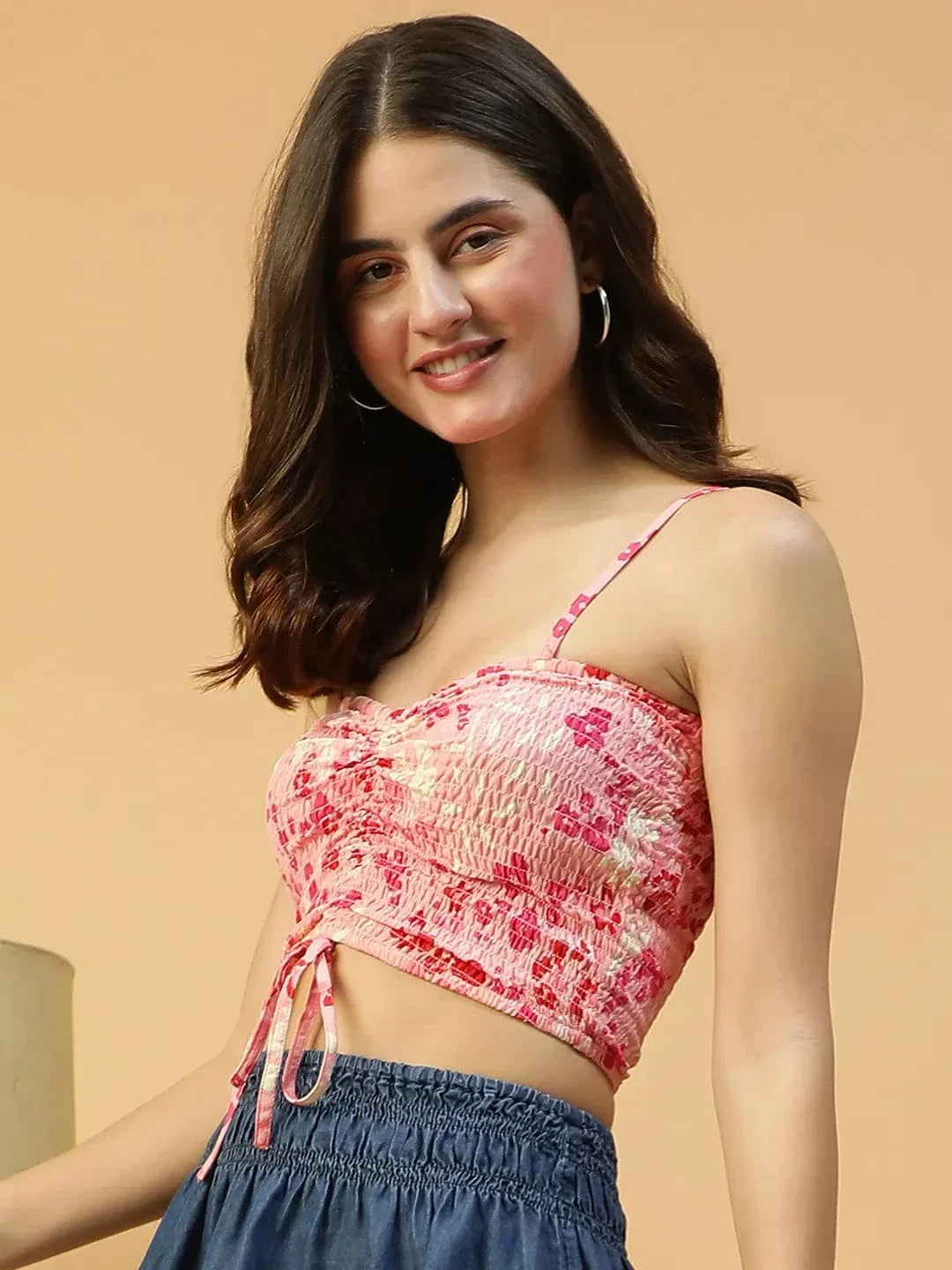 Blush Pink Floral Print Smocking Deatiled Sleeveless Women Crop Top - oxolloxo