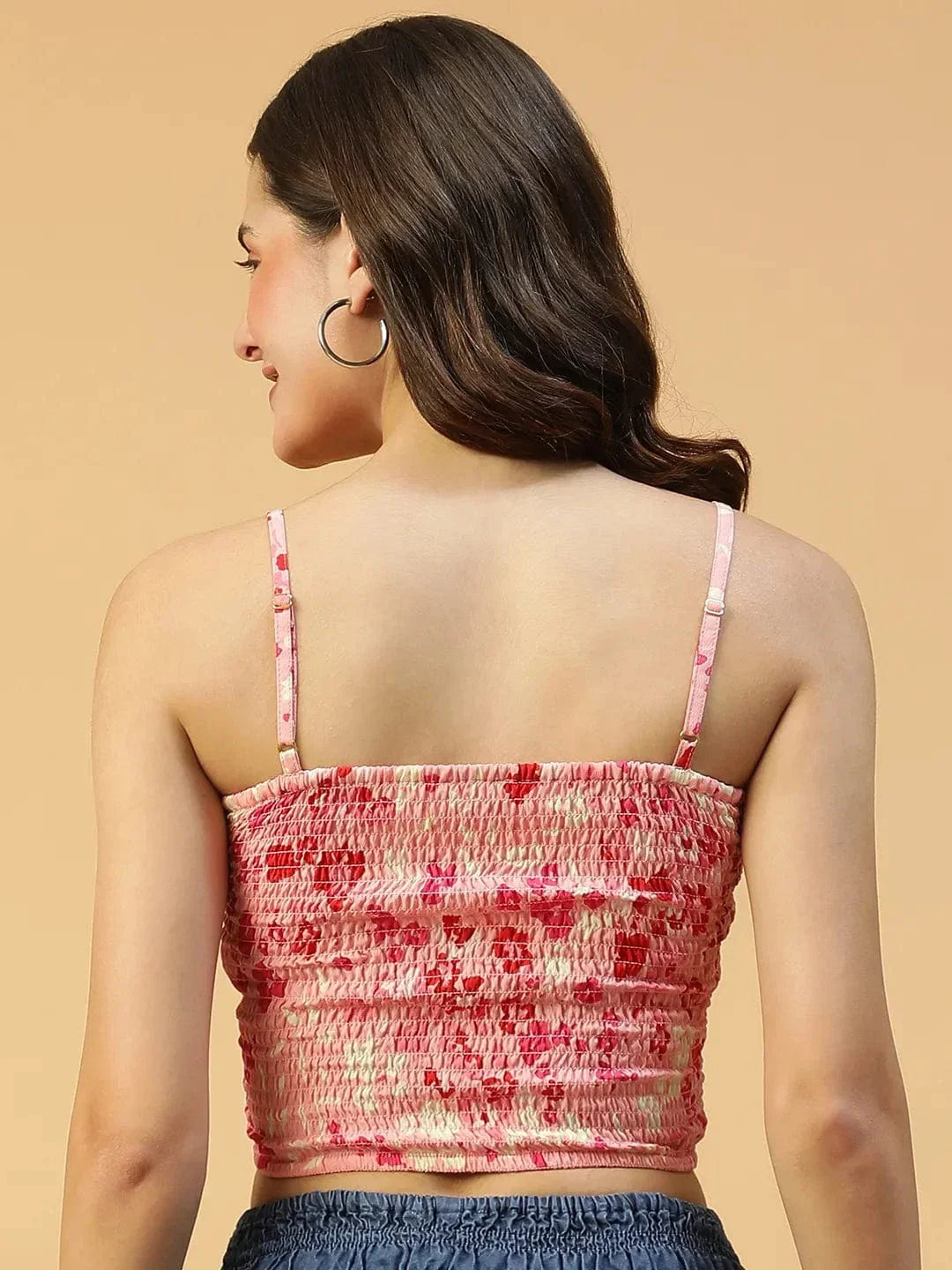 Blush Pink Floral Print Smocking Deatiled Sleeveless Women Crop Top - oxolloxo