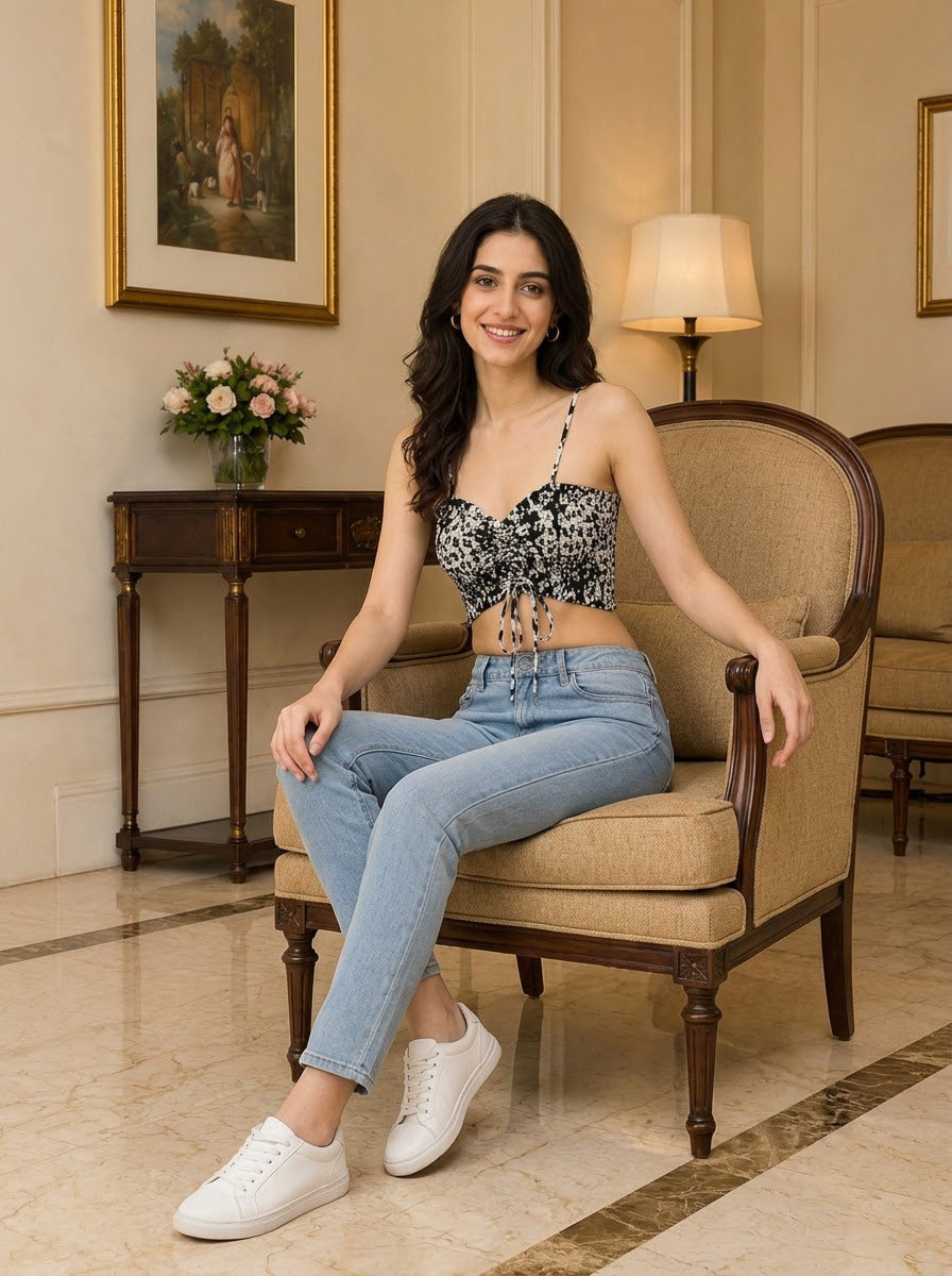 Woman in floral crop top, light wash jeans, and white sneakers sitting on armchair