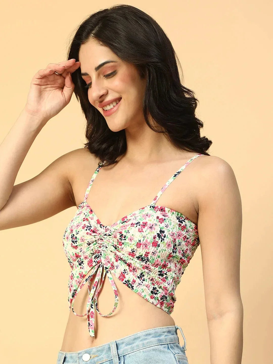 Multicolor Floral Print Smocking Deatiled Sleeveless Women Crop Top - oxolloxo