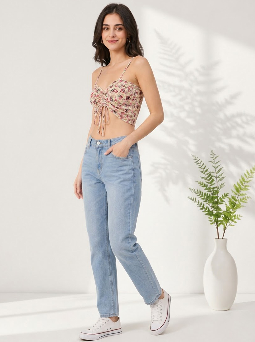 Floral crop top with front tie, light wash jeans, white sneakers – trendy women's fashion outfit