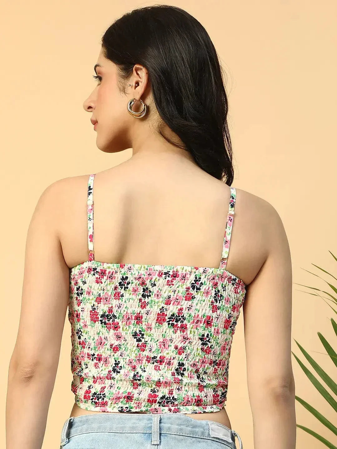 Multicolor Floral Print Smocking Deatiled Sleeveless Women Crop Top - oxolloxo