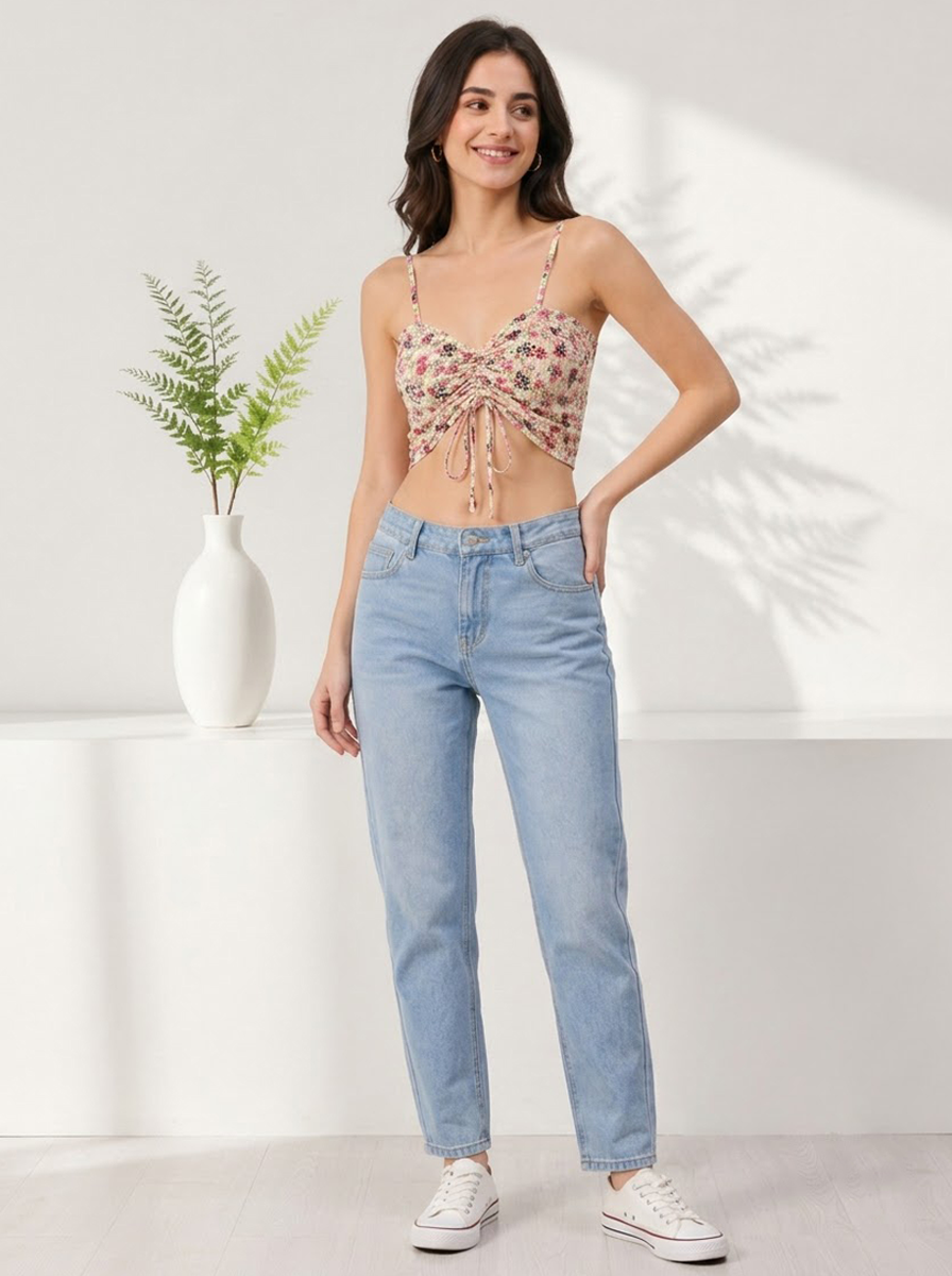 Floral crop top with tie front, light wash jeans, white sneakers — trendy women's fashion outfit