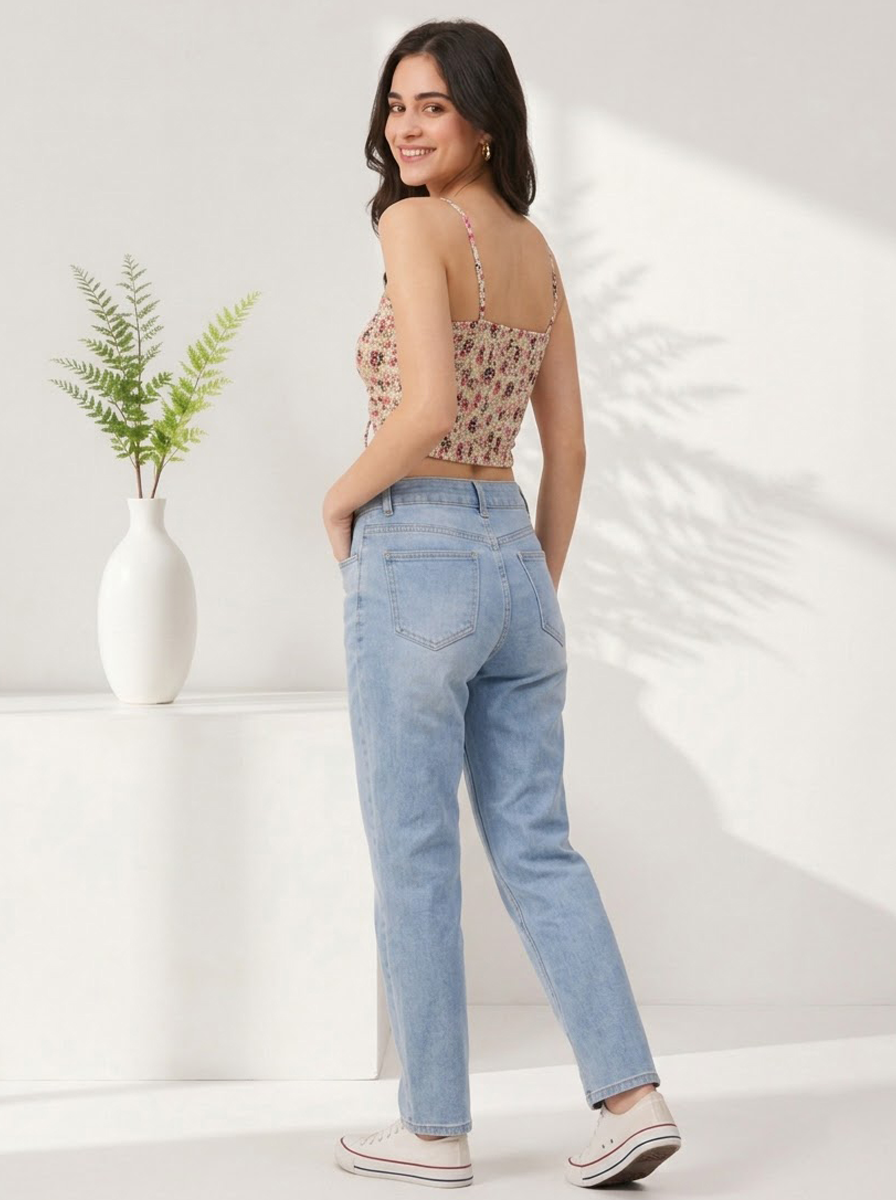 Woman in floral crop top and light wash jeans, casual plus size fashion outfit