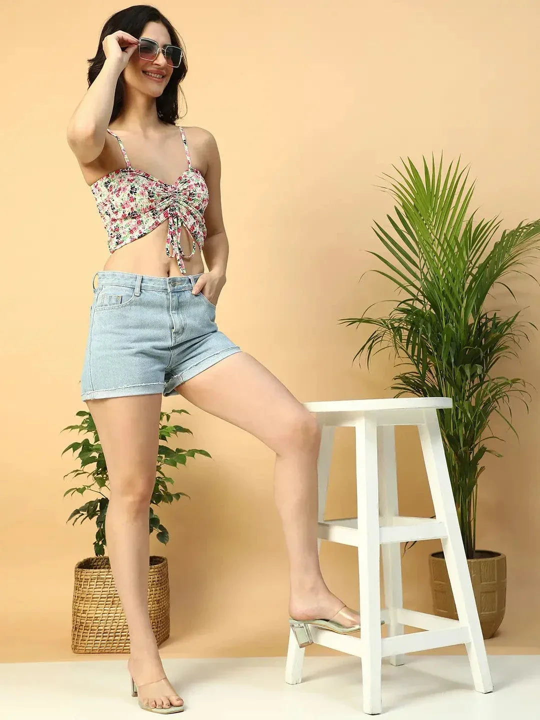 Multicolor Floral Print Smocking Deatiled Sleeveless Women Crop Top - oxolloxo