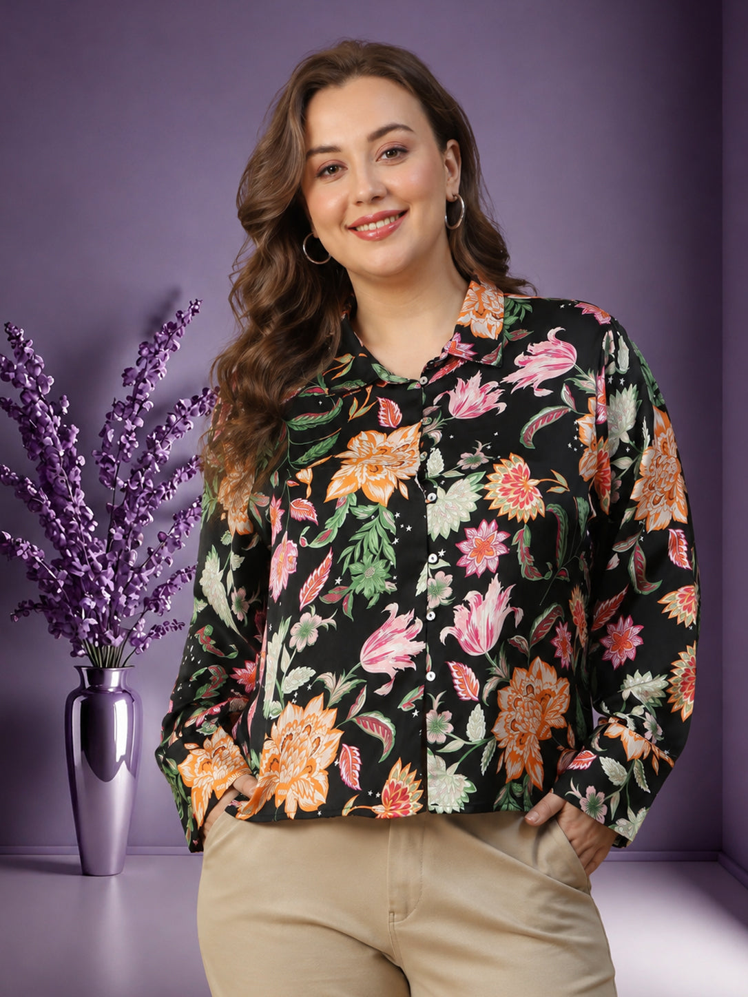 Plus Size Black Floral Print Shirt