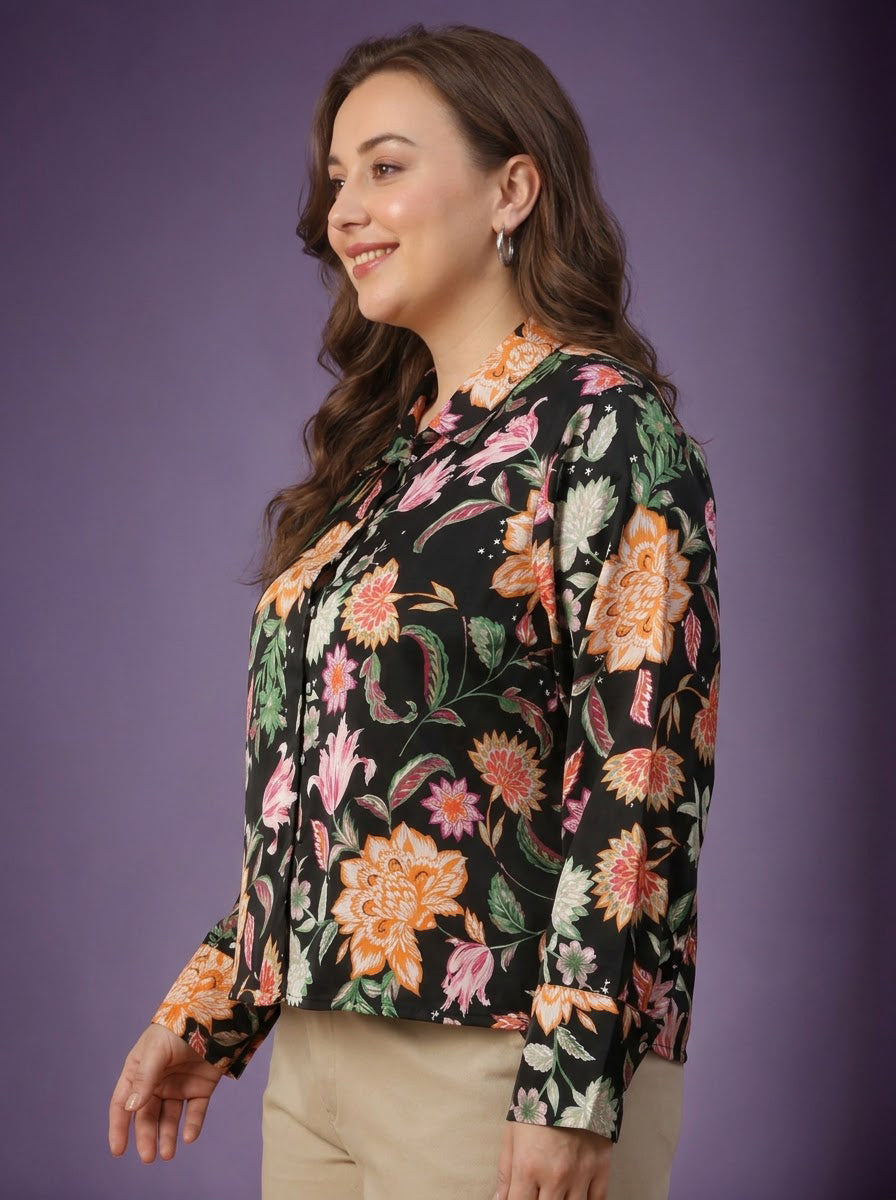 Plus Size Black Floral Print Shirt