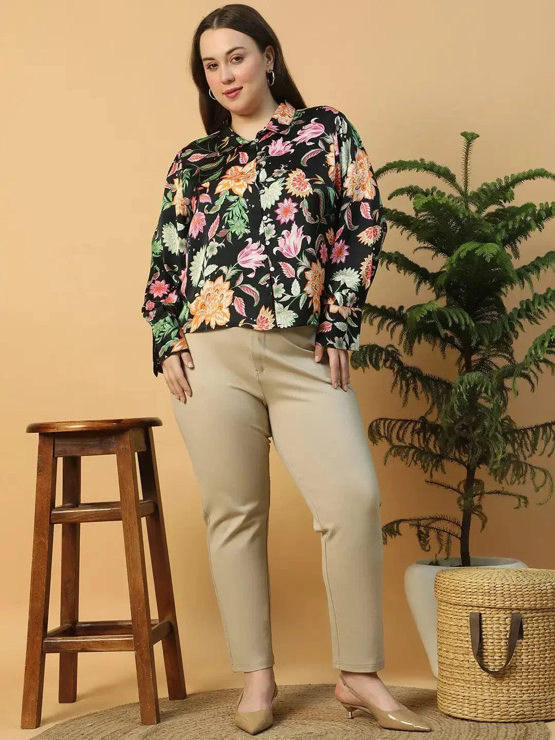 Statement Black Floral Print Button Down Collared Long Sleeve Plus Size Women Satin Shirt - oxolloxo